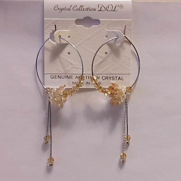 NEW Genuine Light Yellow Austrian Crystal Floral Hoop Earrings 30mm Jewelry Gift - Picture 1 of 7